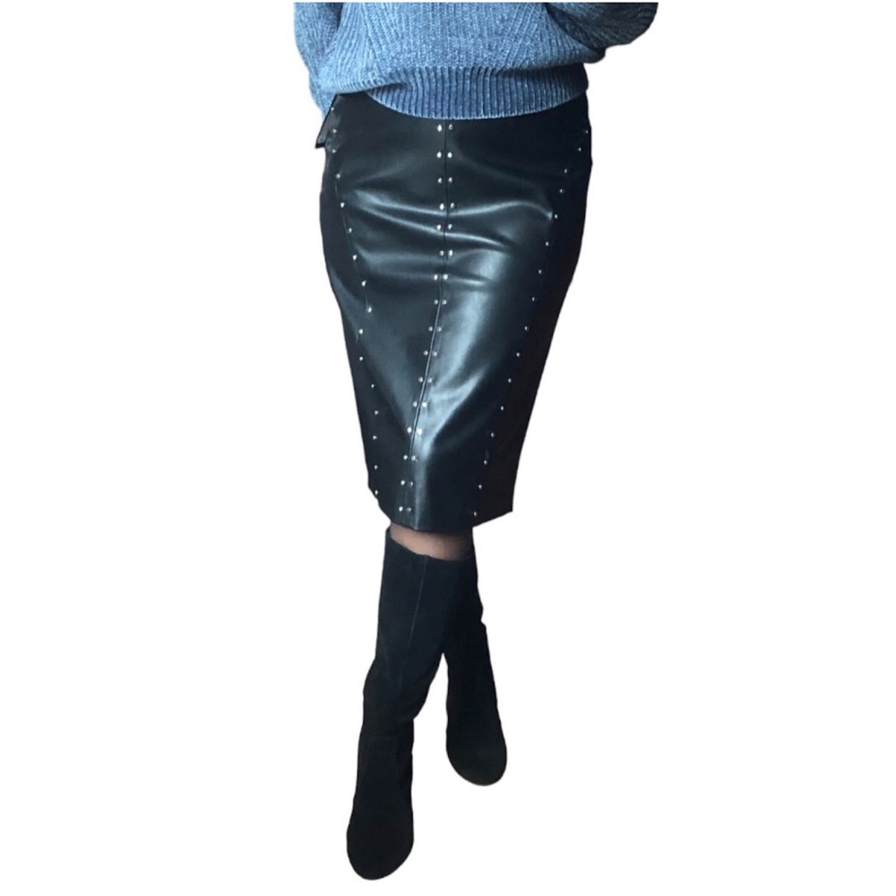 Worthington Black Faux Leather Knee Length Pencil Skirt With Studs Lined